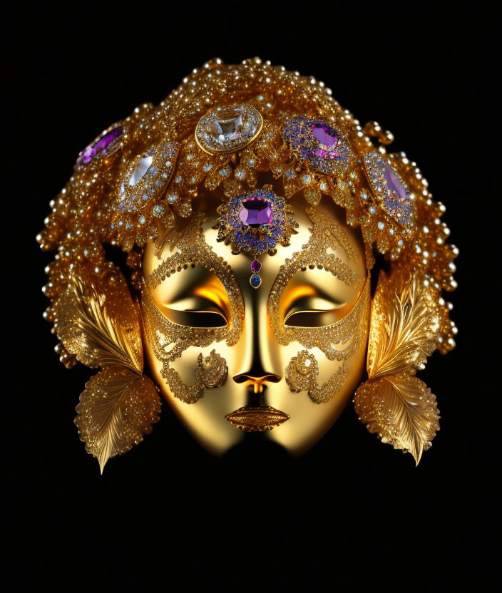 Intricate Golden Masquerade Mask with Jewels on Black Background