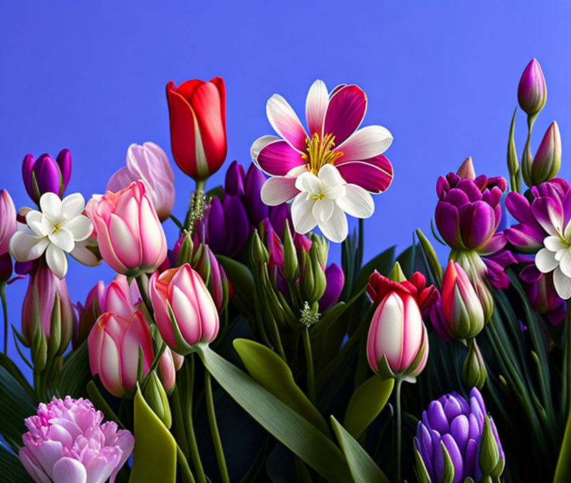 Colorful Tulips and Daisies Bouquet on Blue Background