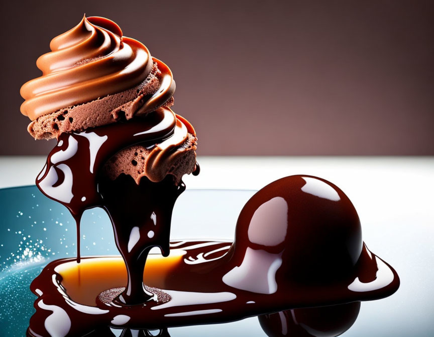 Chocolate ice cream swirl on biscuit with chocolate ball and sauce