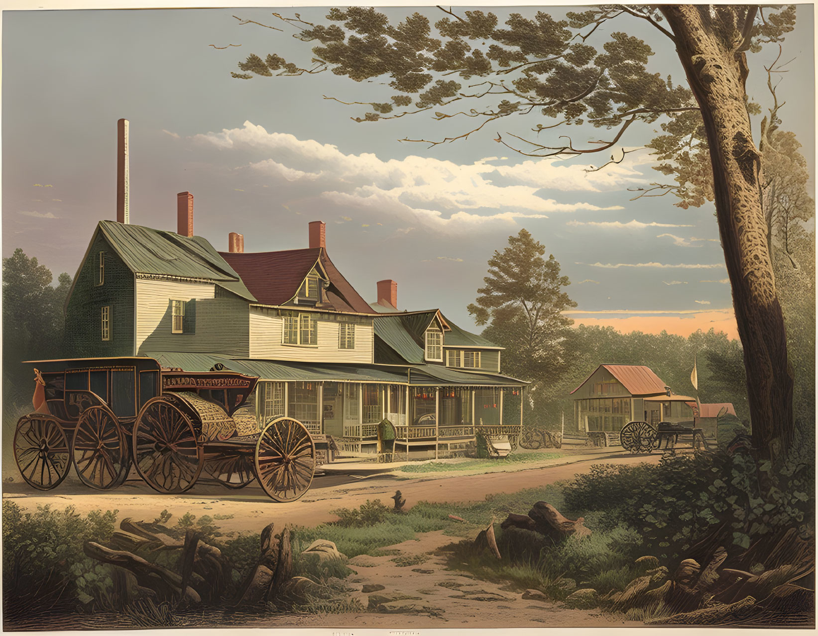 Peaceful 19th-Century Rural Landscape with Green Building and Horse-Drawn Wagons