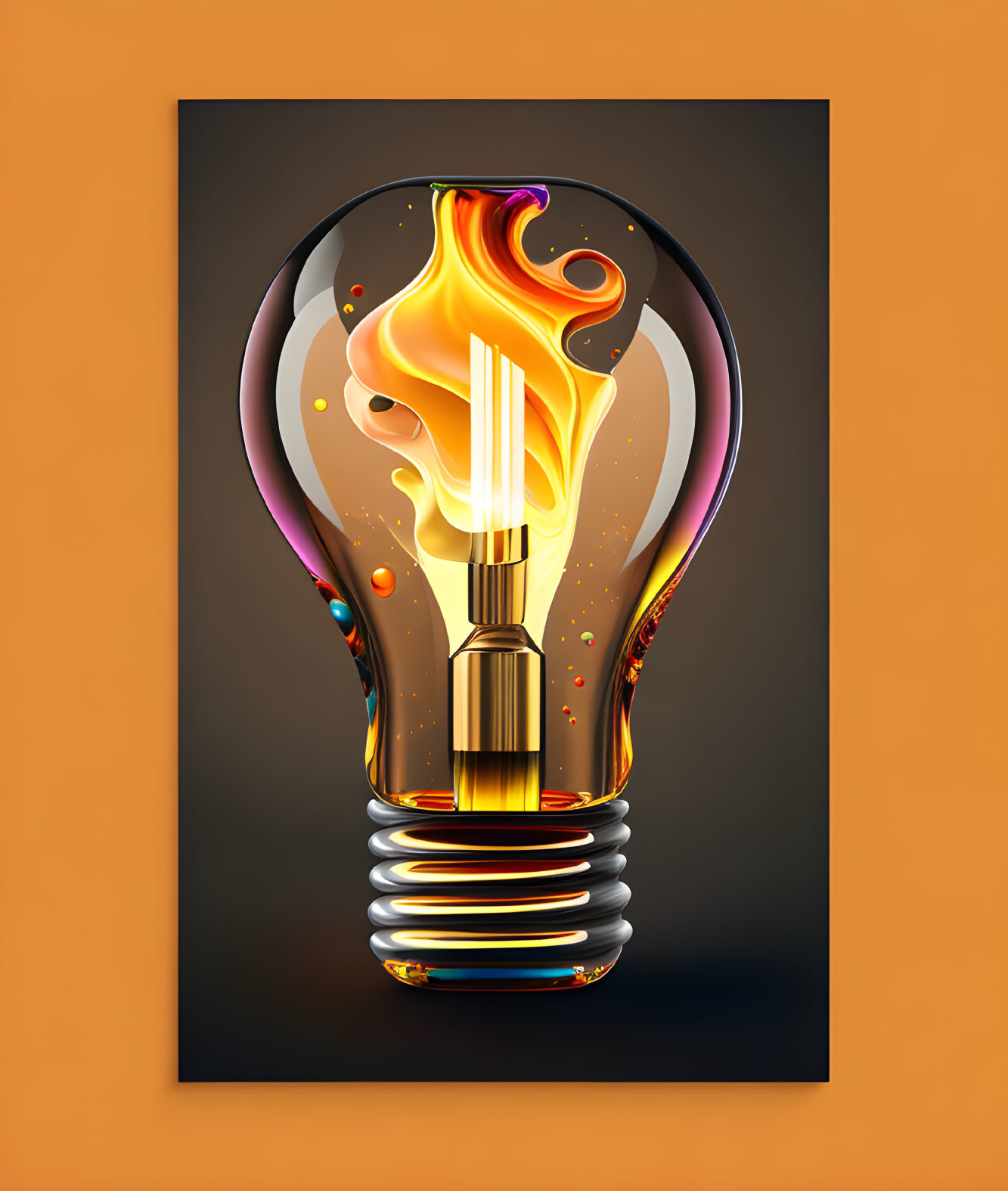 Colorful Lightbulb Graphic with Dynamic Flame on Orange Background