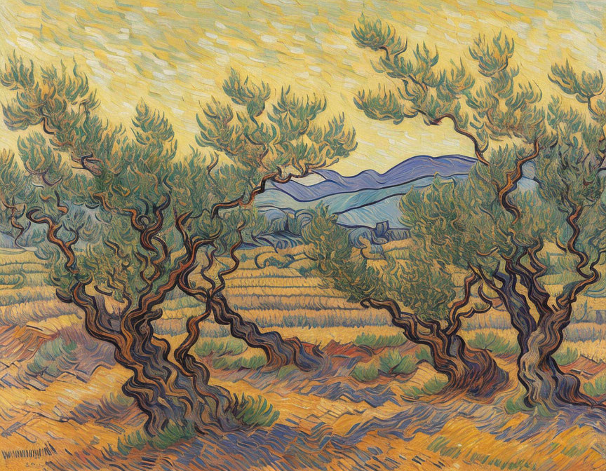 Dynamic Impressionistic Landscape: Swirling Olive Trees in Vibrant Yellow and Green Tones