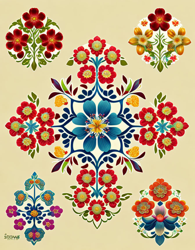 Symmetrical Floral Pattern with Large Blue Flower on Beige Background