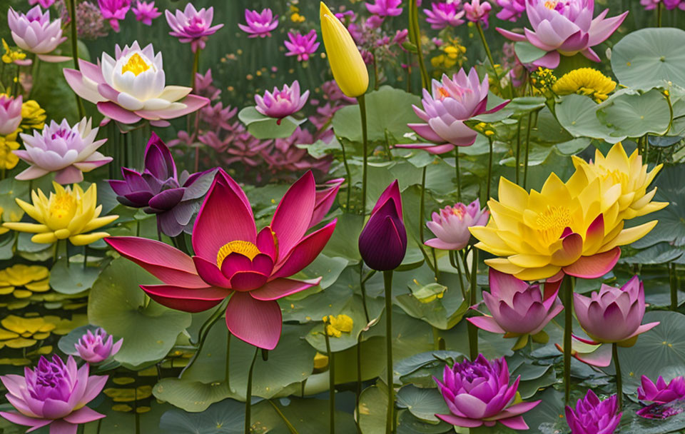 Colorful Lotus Flowers Blooming in Vibrant Pond