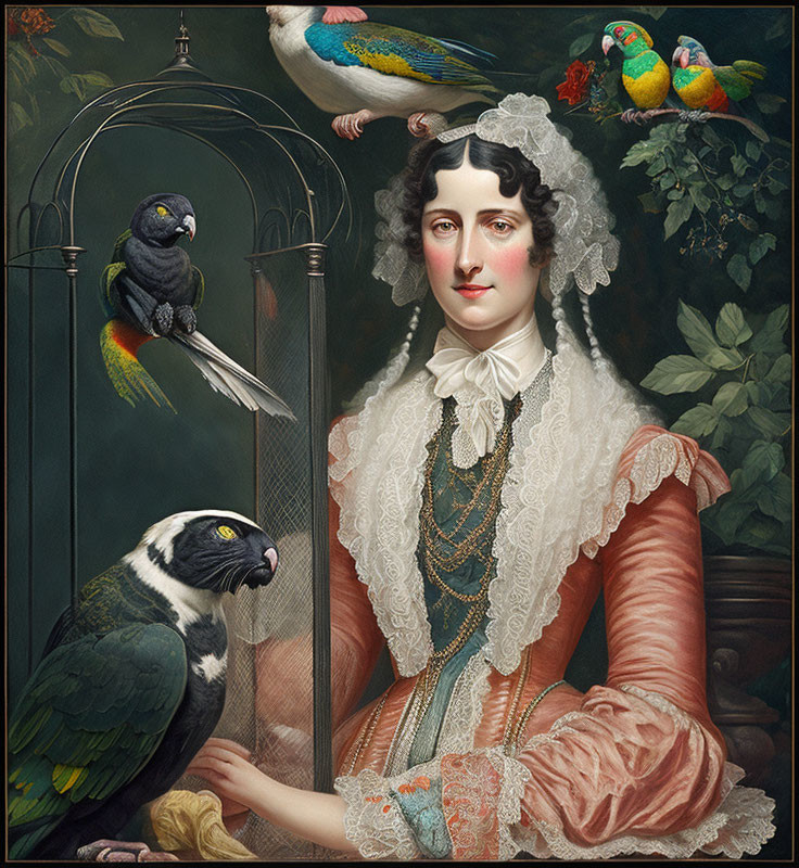 Vintage Portrait of Woman with Elaborate Attire and Parrots