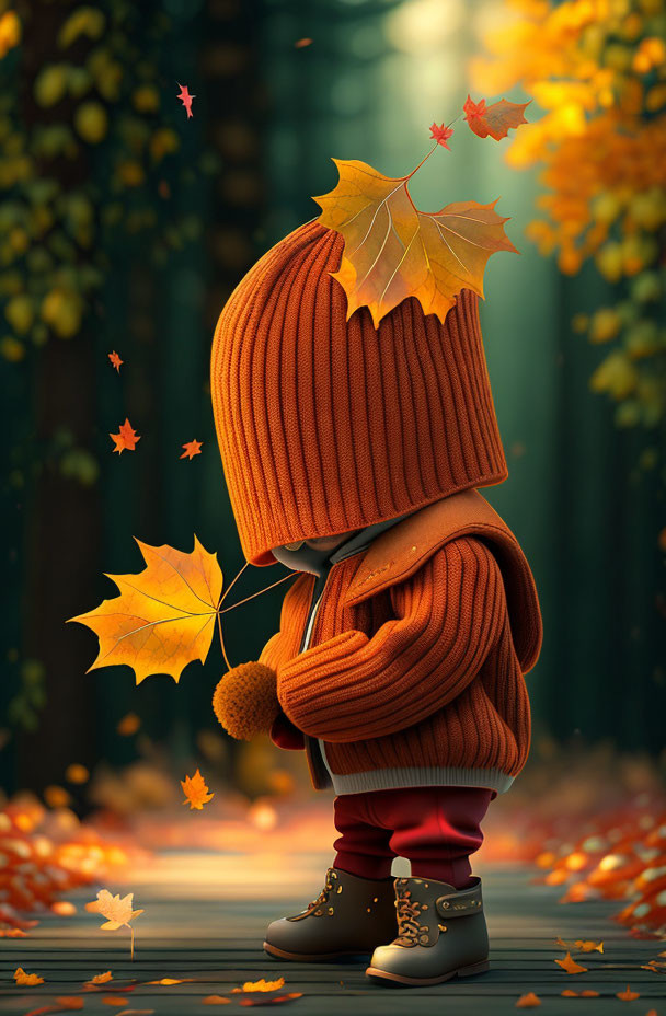 Child in oversized orange sweater with maple leaf in autumn forest illustration