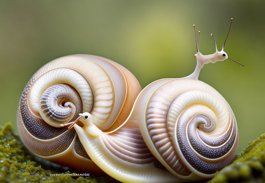 Intricately patterned snails on mossy surface