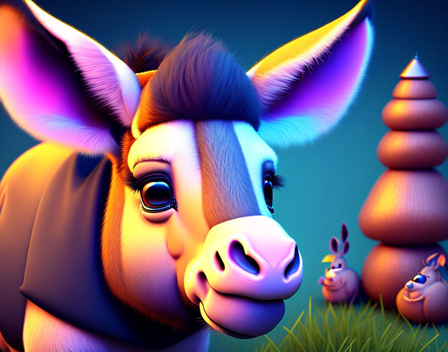 Vibrant 3D Donkey Illustration with Whimsical Setting