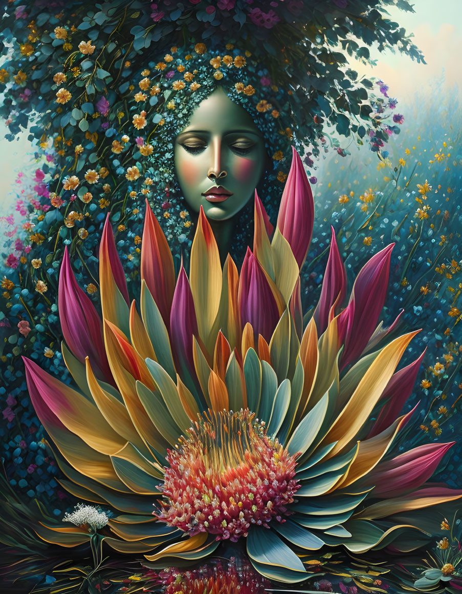 Surreal portrait: woman's face merges with lotus flower in lush foliage