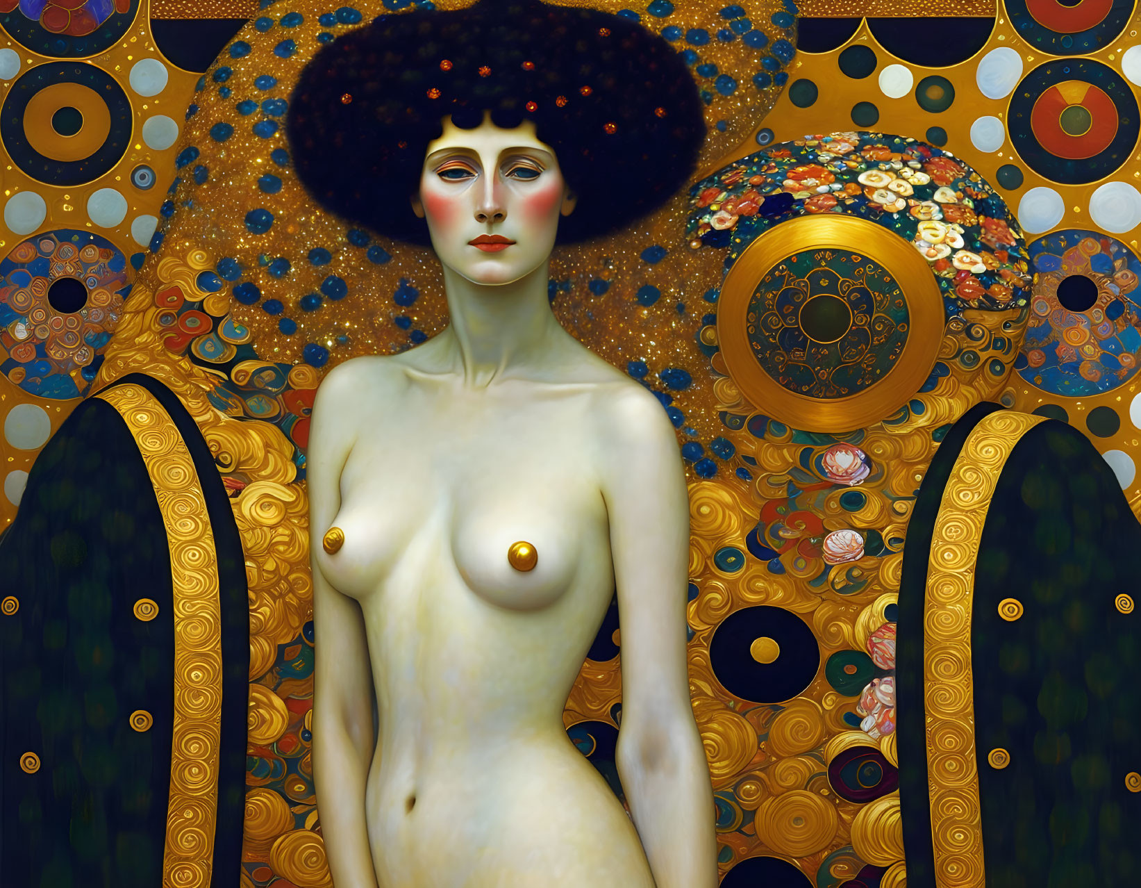 Nude woman with golden halo in ornate background