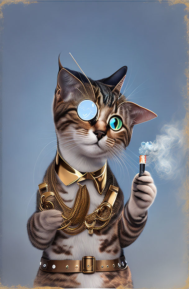 Stylized cat with human-like features in goggles, vest, chains, and dynamite