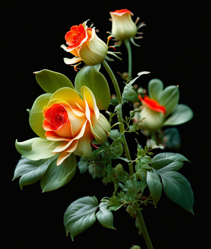 Colorful bouquet featuring orange-yellow rose on dark background