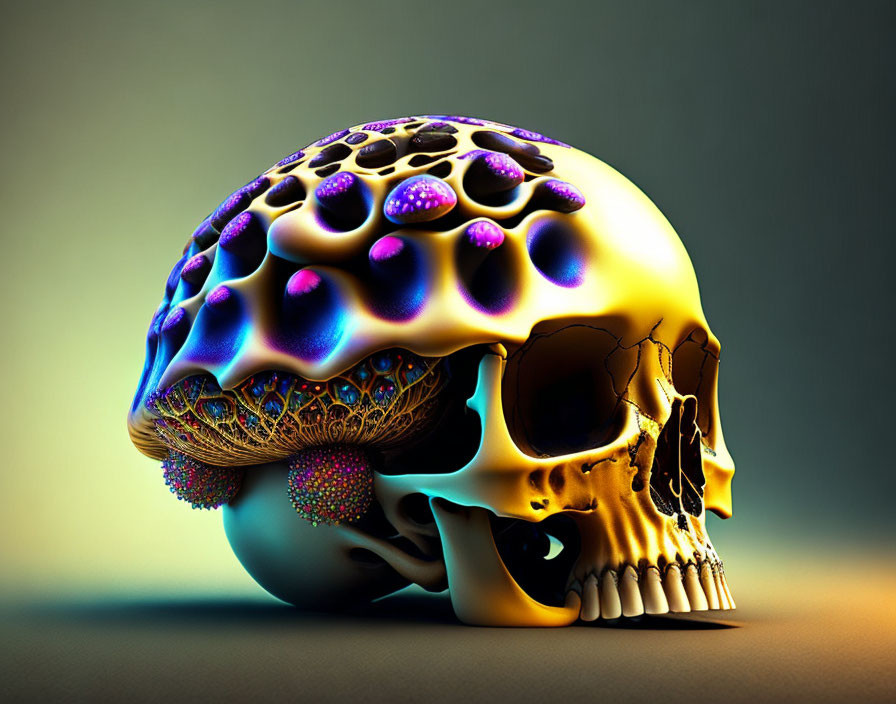 Intricate iridescent skull art on gradient background