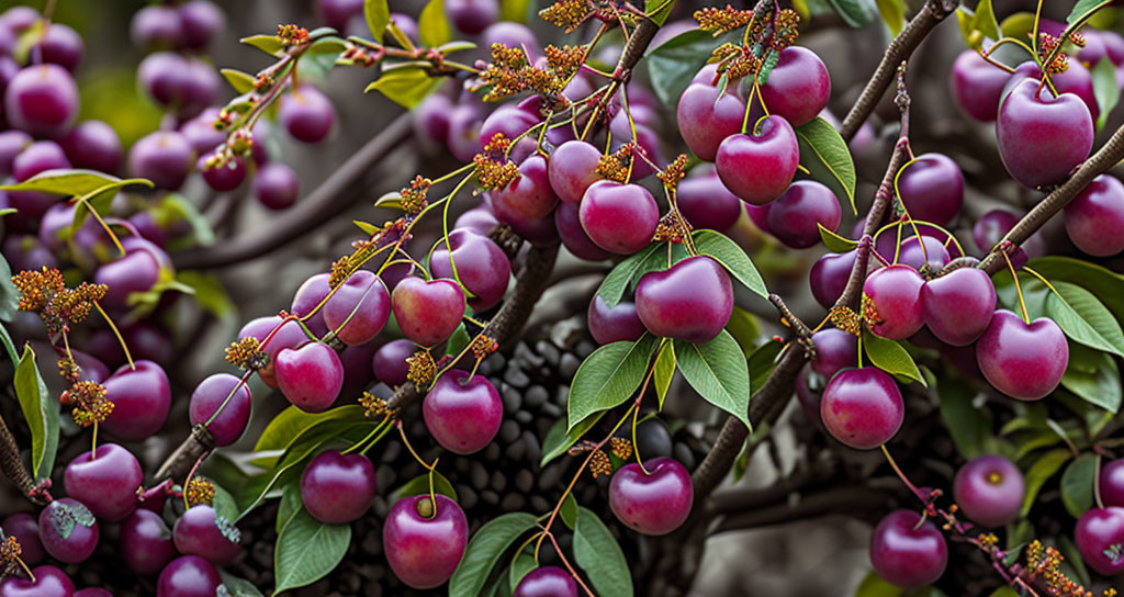 Branch with Ripe Pink Plums and Green Leaves