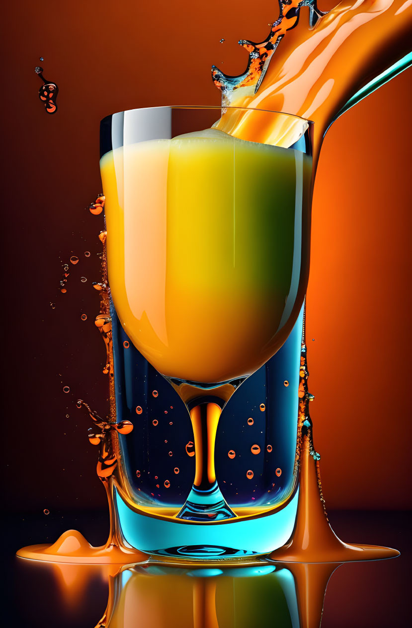 Vibrant orange liquid pouring into glass on orange backdrop