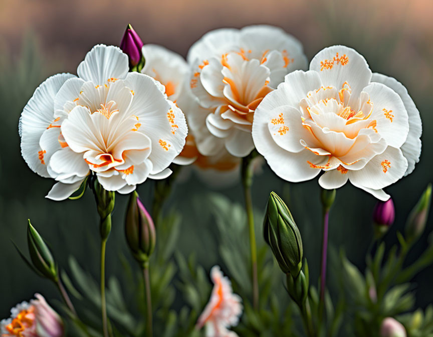 Delicate white flowers with orange-tipped stamens among green leaves