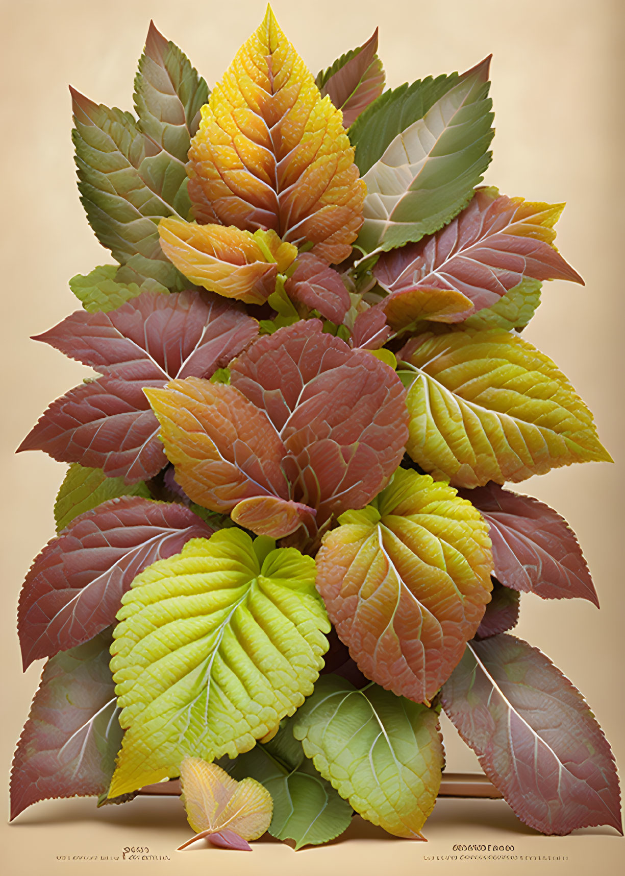 Colorful Symmetrical Leaf Arrangement in Green, Yellow, and Red Gradient