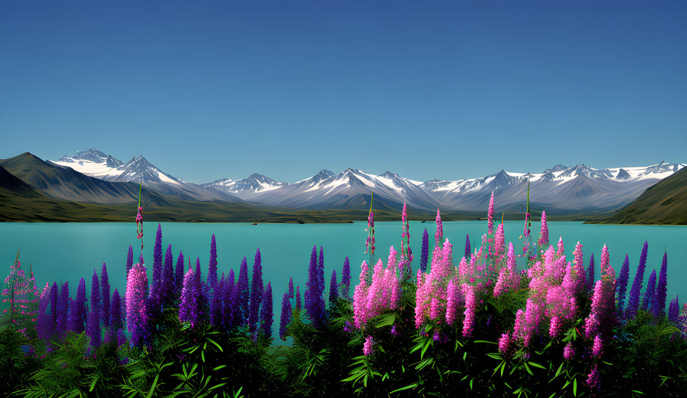 Serene landscape with blue lake, purple flowers, snow-capped mountains