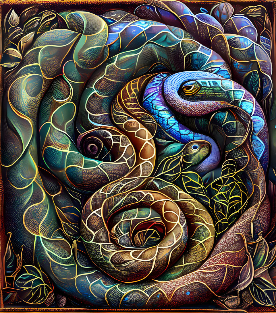 Colorful Stylized Snakes Entwined on Leafy Background