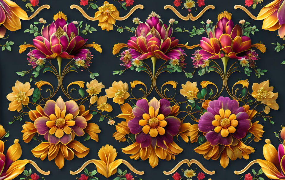 Intricate floral pattern with vibrant flowers and gold accents on dark backdrop