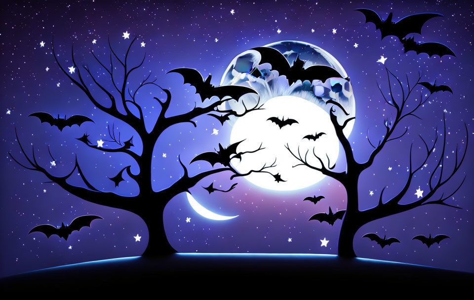 Spooky night scene with silhouetted trees, bats, full moon, and stars