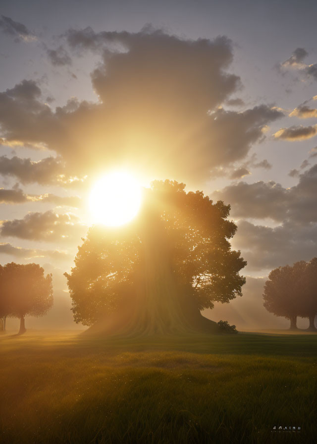 Intense sunlight through large tree at sunset or sunrise