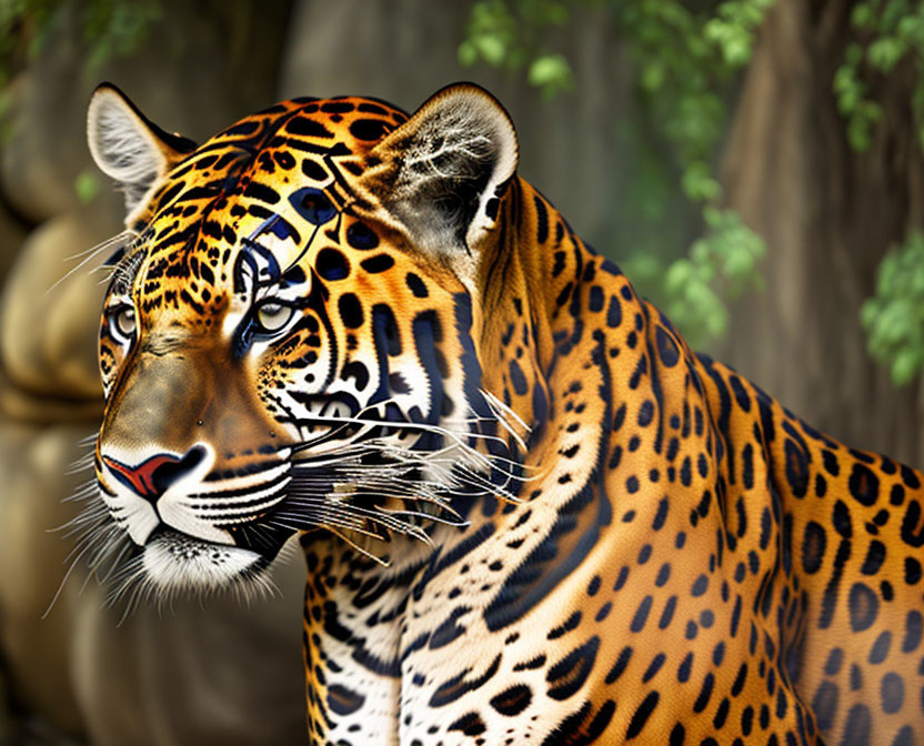 Majestic jaguar with vibrant orange fur and black spots in green foliage.