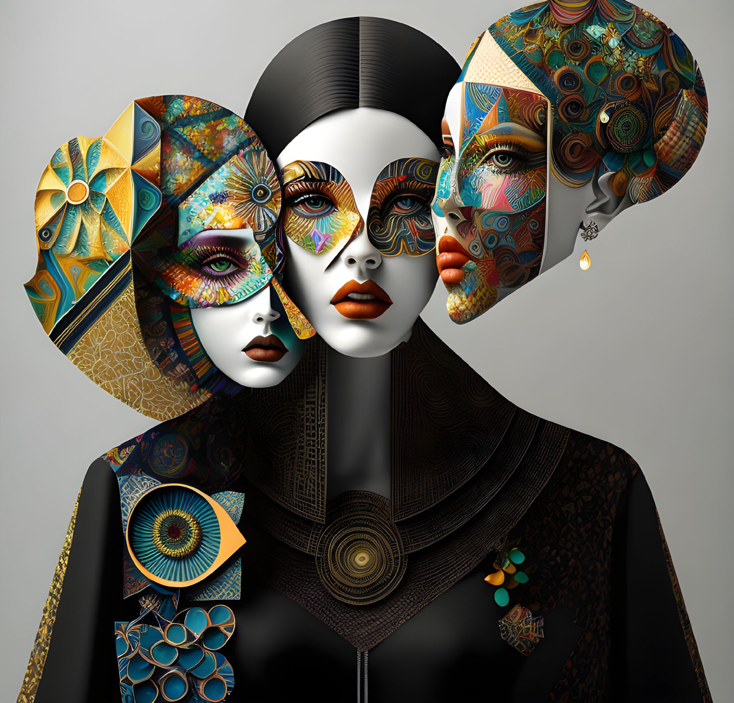 Three stylized female figures with intricate geometric patterns and ornate masks on grey background