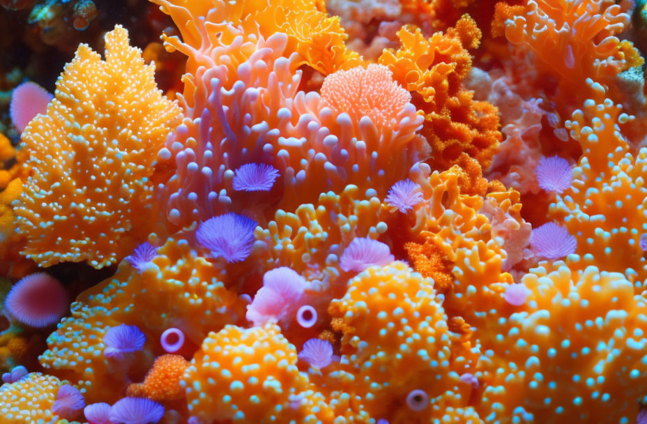 Colorful Orange and Purple Coral with White-Tipped Anemones