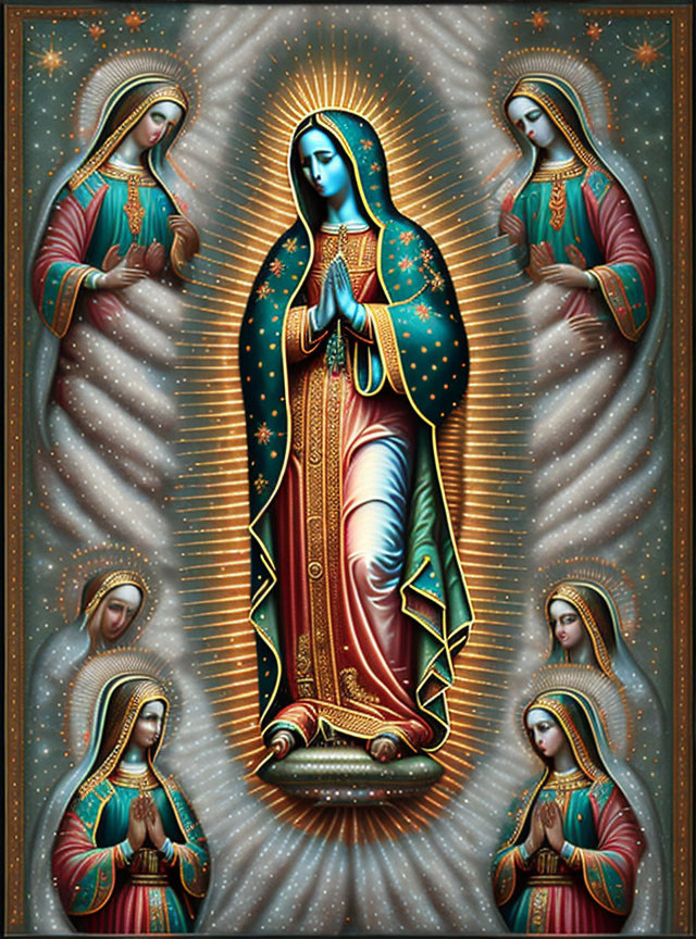 Ornate Virgin Mary with angels in starry background