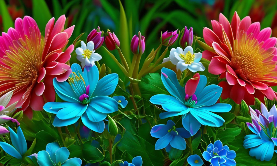 Colorful Blue, Pink, and Red Flowers with Green Foliage