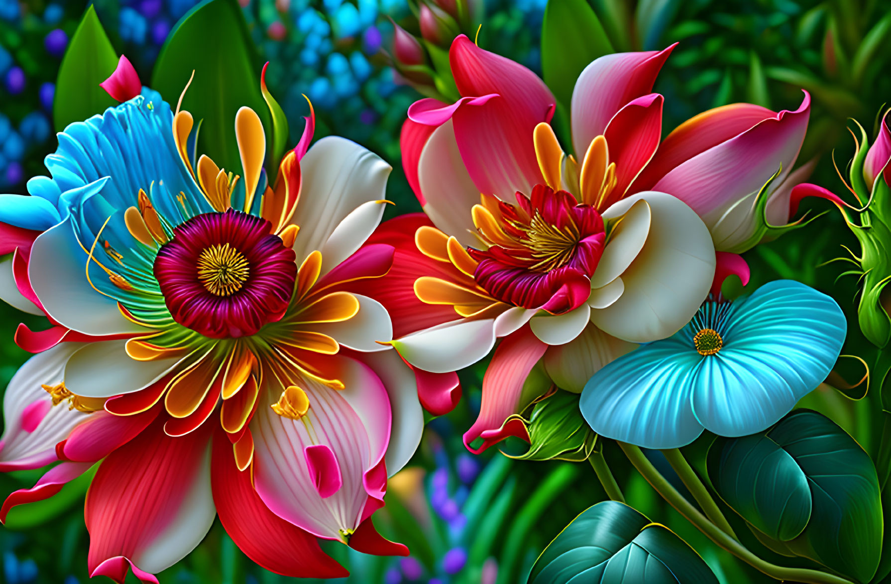 Colorful digital art: intricate flowers on lush greenery and blue backdrop