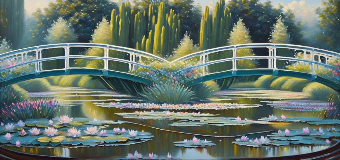 Tranquil garden scene with white arched bridge and lily pond