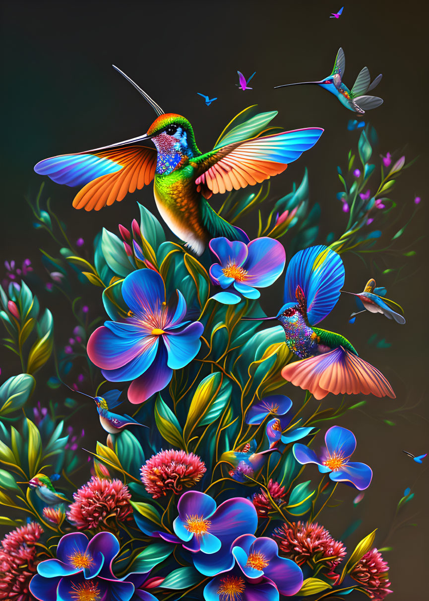 Colorful hummingbirds and flowers on dark background