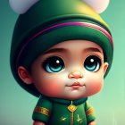 Stylized 3D cartoon toddler in green hoodie and mouse-ear beanie