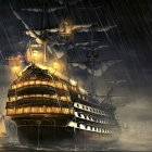 Digital art: Illuminated ships on ocean under starry sky