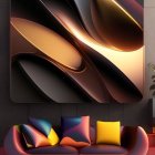 Stylish maroon sofa with colorful pillows and abstract wall art in brown and gold tones