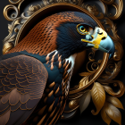 Detailed Eagle Head Illustration with Ornate Wooden Frame on Dark Background