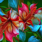 Colorful digital art: intricate flowers on lush greenery and blue backdrop