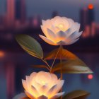 Twilight scene: Illuminated lotus flowers on calm water