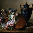 Decorative blue urn with fruit, fabric, book, and figurine on tabletop