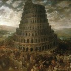 Intricate multi-tiered Tower of Babel in vast landscape