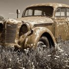 Abandoned vintage car in rusty condition in a field with dry plants under overcast sky