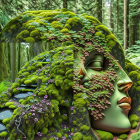 Moss-covered sculpture of two faces among rocks and greenery