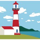 Stylized red and white lighthouse illustration by the sea with house, birds, clouds, and