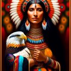 Detailed Native American attire with headdress, jewelry, and eagle.