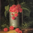 Photorealistic painting of ripe raspberries in floral bucket