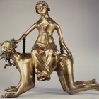 Golden Warrior Woman Statue on Mythical Horse with Intricate Armor