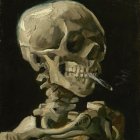 Skeleton painting with tilted skull and smoking cigarette on black background