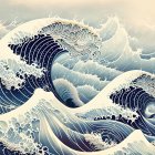 Stylized ocean waves with intricate patterns in blue, white, and beige